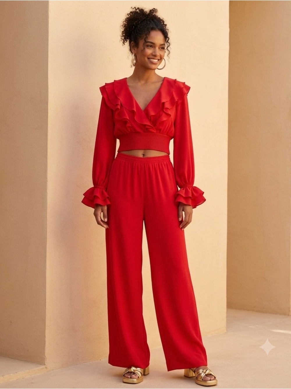 Vintage 80s Rina Rossi red 2-pc set, pull on pants ruffle blouse sz 10 bold chic
